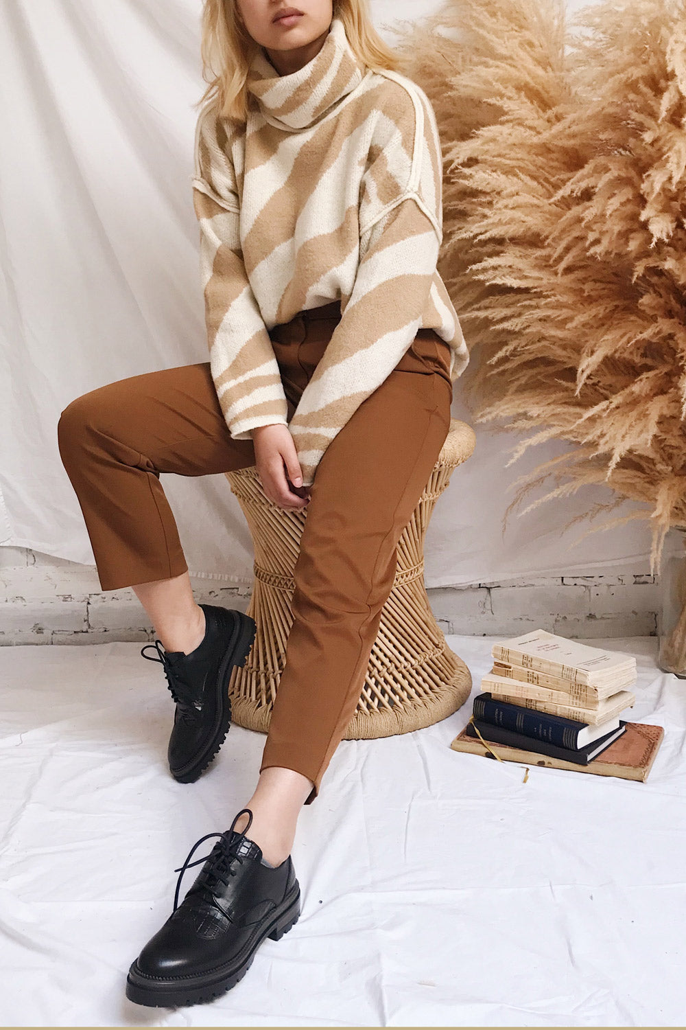 Athena Camel Zebra Print Turtleneck Sweater | La petite garçonne on model