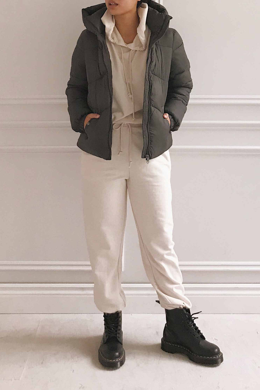 Munich Beige Long Sleeve Hooded Sweatshirt | La petite garçonne model