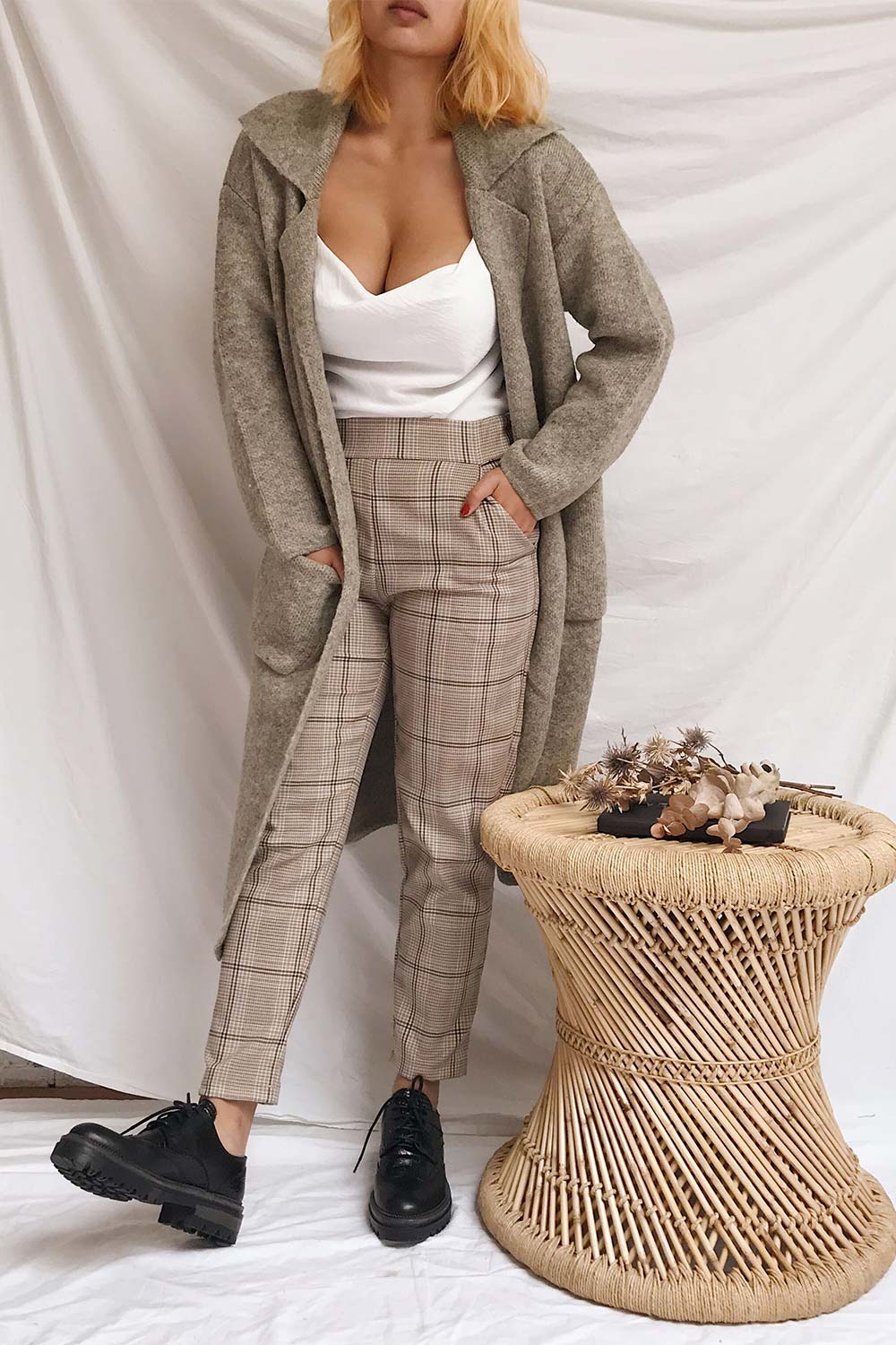 Lara Beige Straight Leg Plaid Pants | La petite garçonne on model