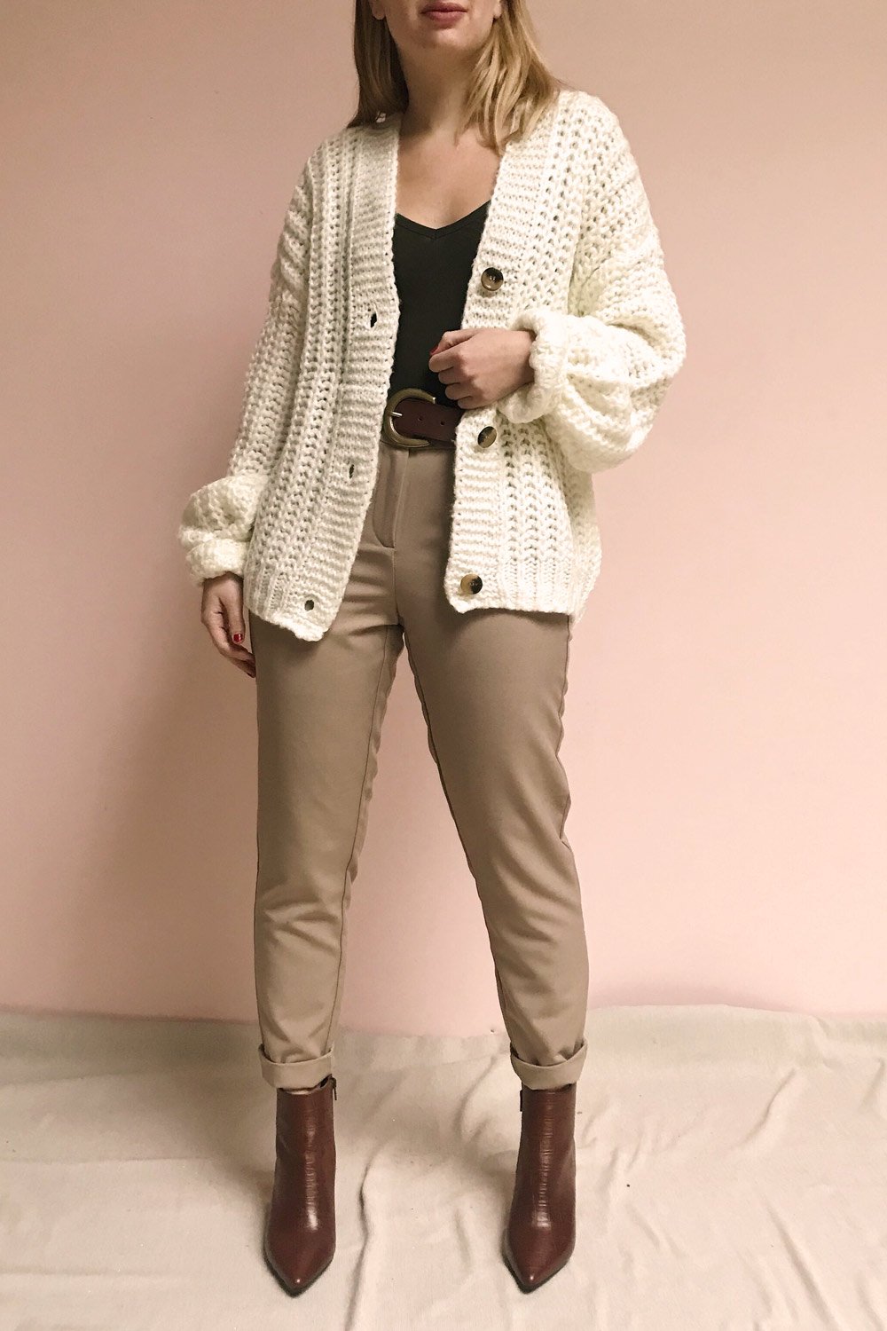 Tioumen Ivory Chunky Knit Button-Up Cardigan | La Petite Garçonne model look