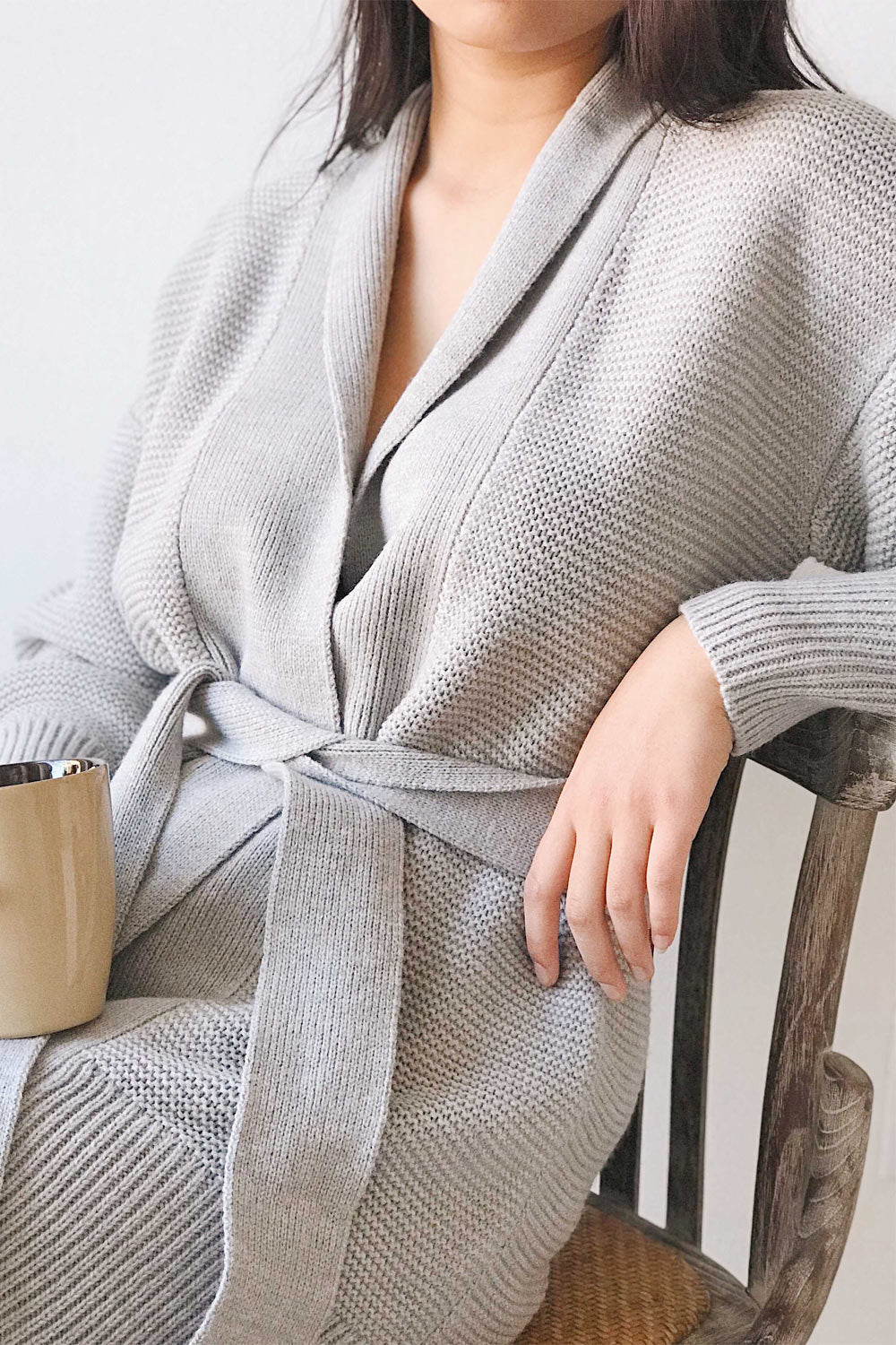 Yvelain Brown Long Knit Cardigan w/ Belt | La petite garçonne model