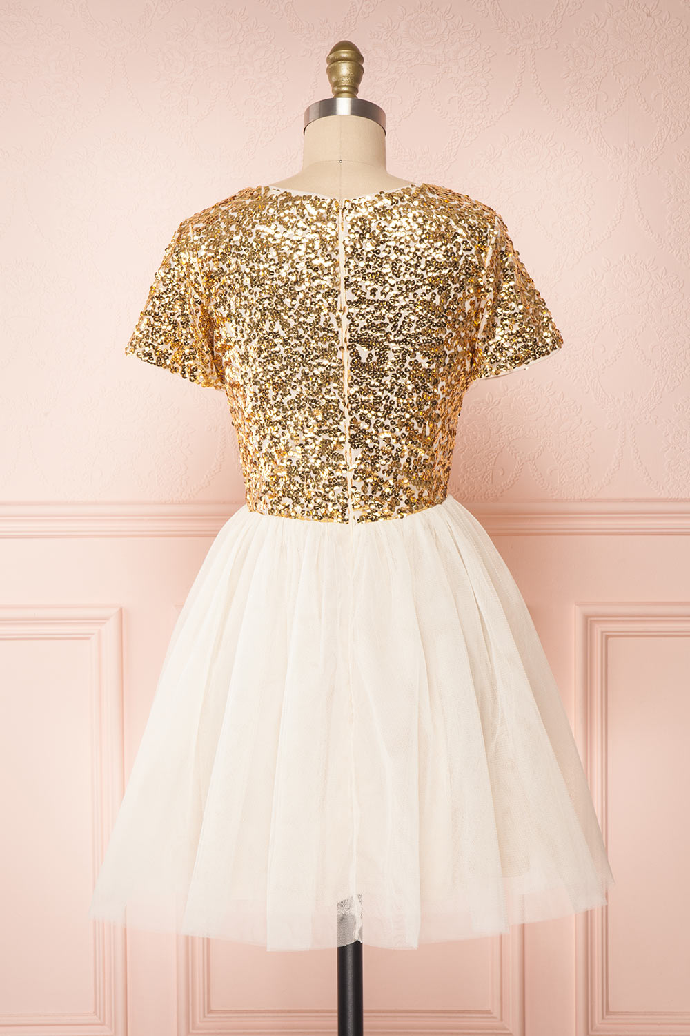 Sydalie Or Gold Sequin & Tulle A-Line Party Dress back view | Boutique 1861