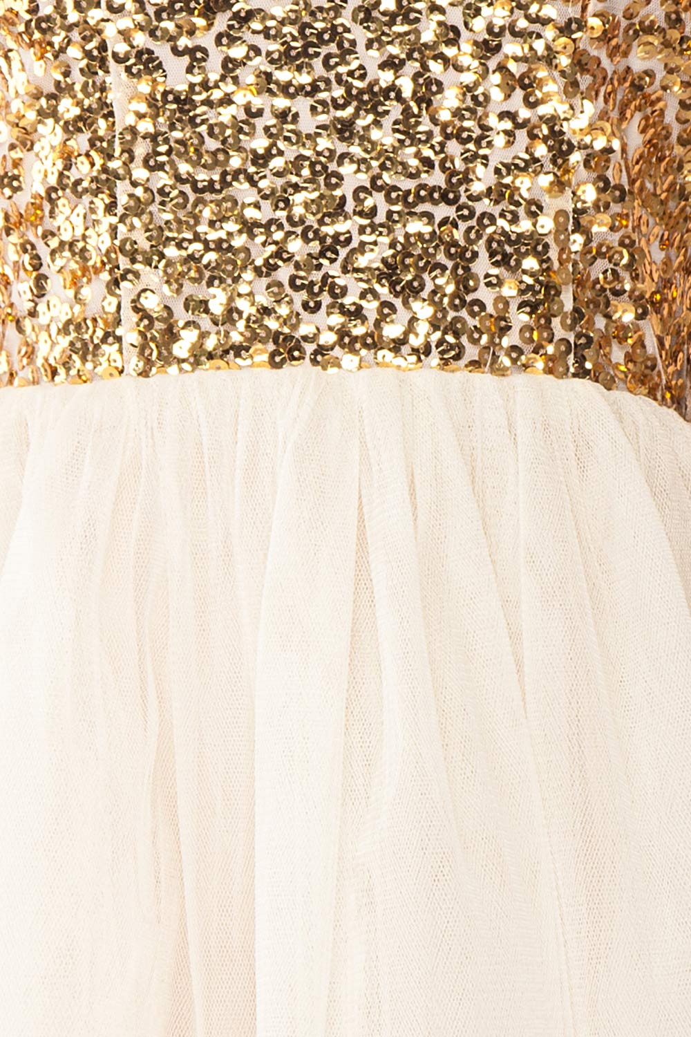 Sydalie Or Gold Sequin & Tulle A-Line Party Dress detail close up | Boutique 1861