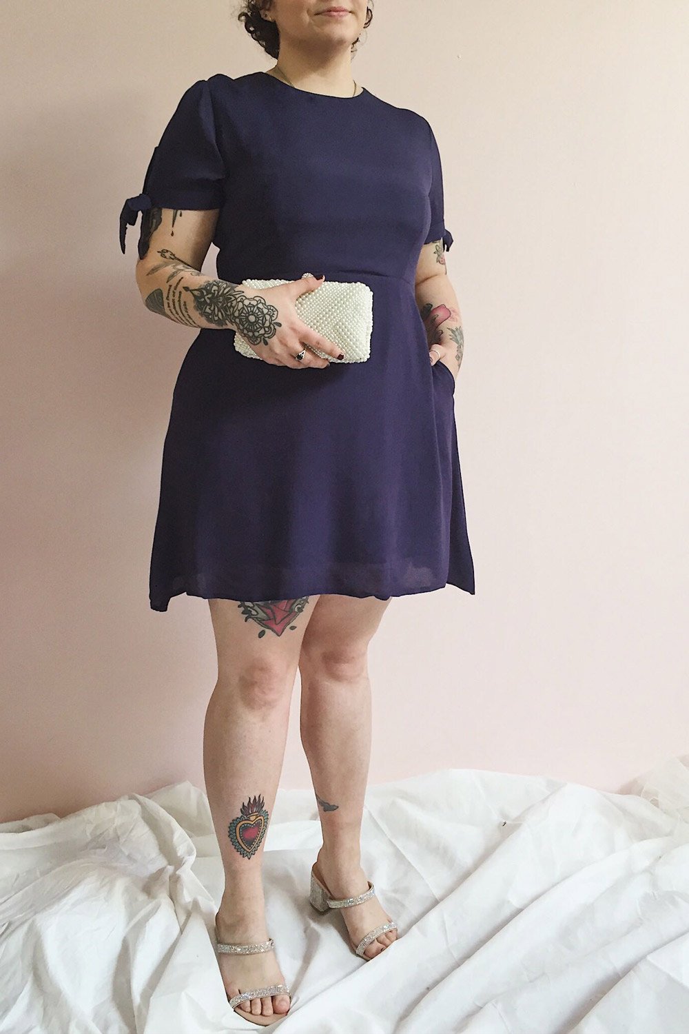 Synda Sapphire Blue Flared Dress with Puff Sleeves | Boutique 1861 on model