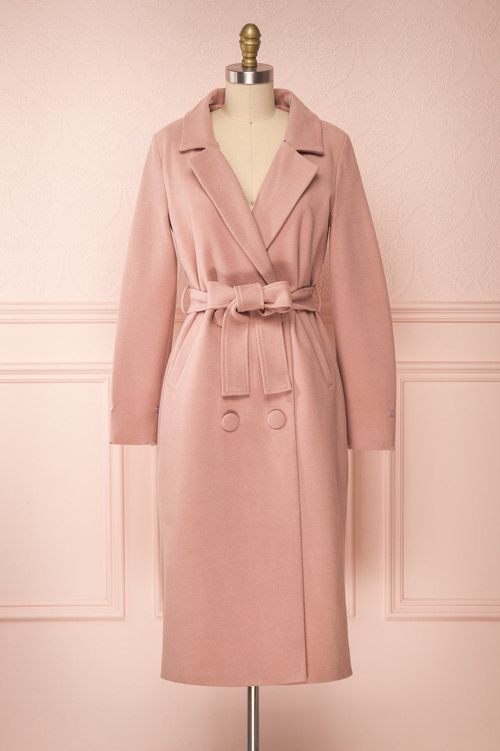 Tallulah Dusty Pink Coat with Faux-Fur | Boutique 1861 front view belt