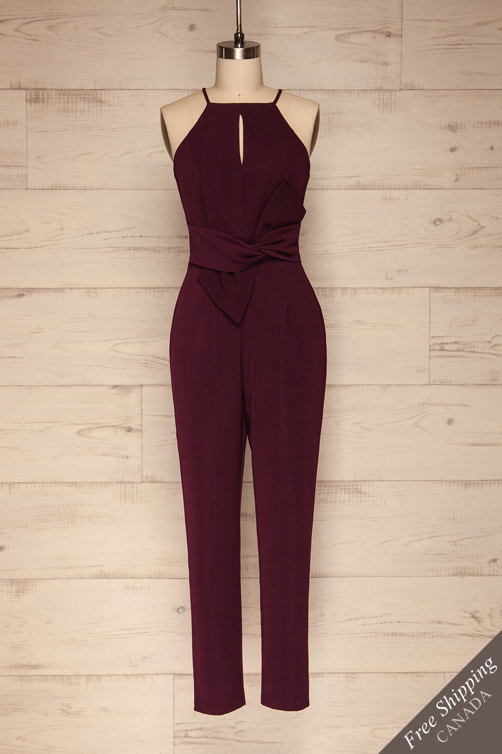 Tamzin Plum Halter Jumpsuit | Combinaison front view FS | La Petite Garçonne