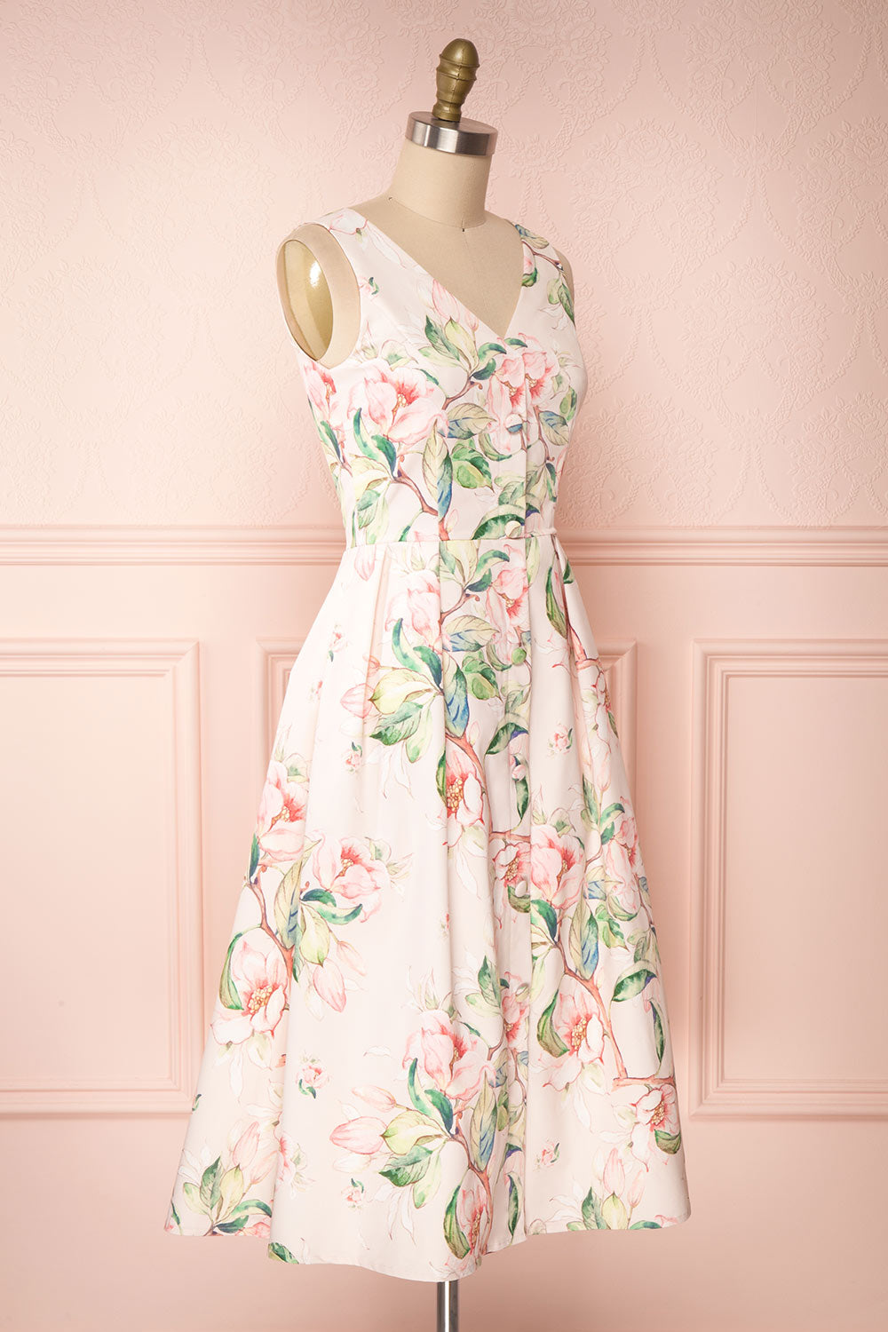 Taryn Pink Teal Floral A-Line Midi Dress side view | Boutique 1861