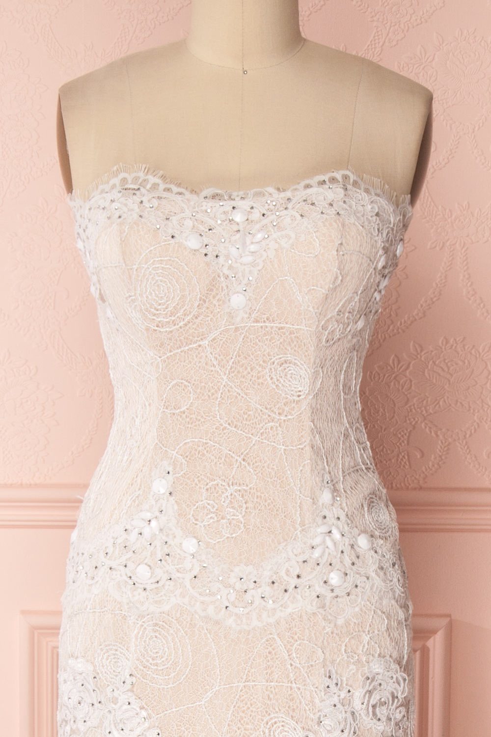 Teura White & Beige Embroidered Bustier Gown with Train | Boudoir 1861