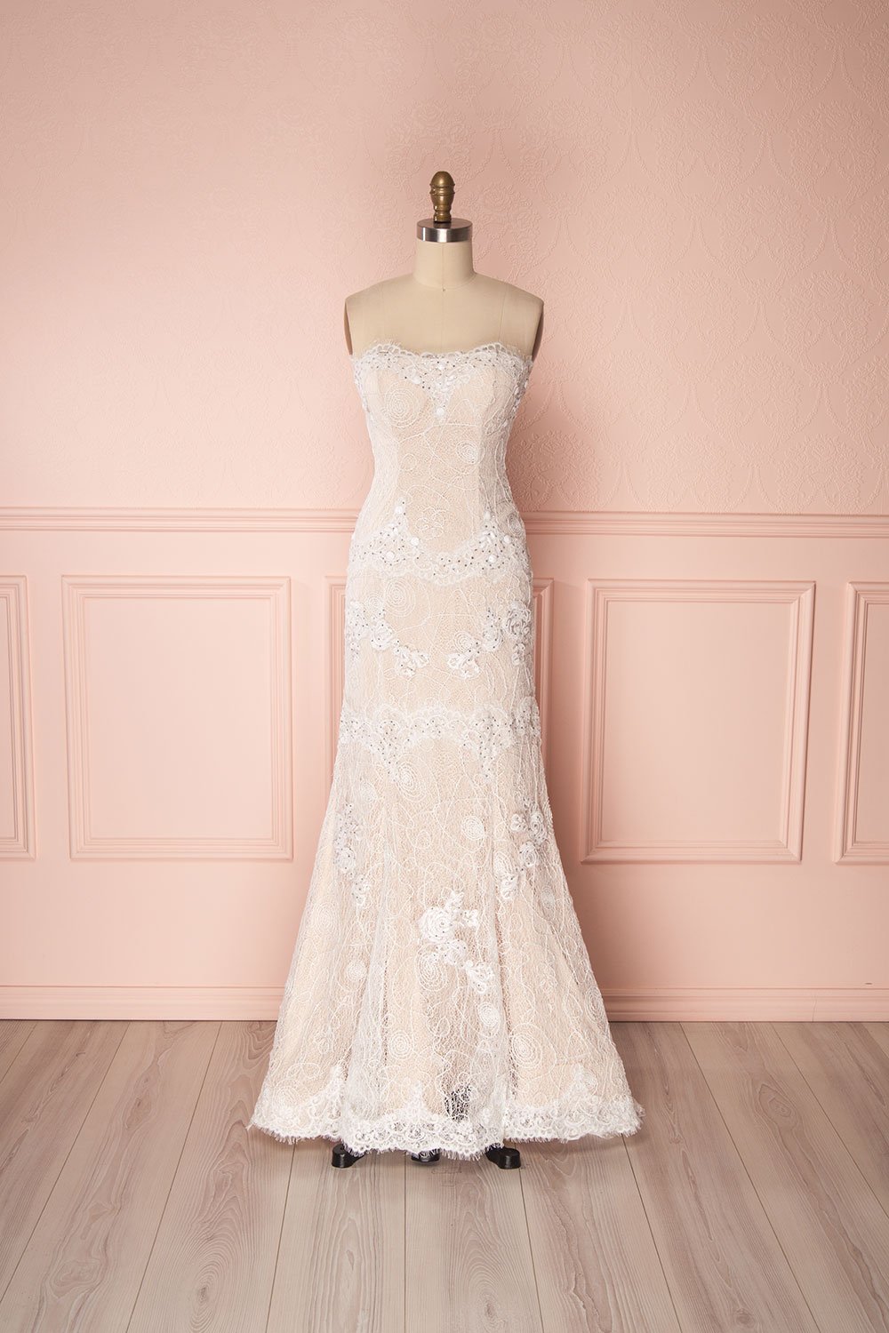 Teura White & Beige Embroidered Bustier Gown with Train | Boudoir 1861