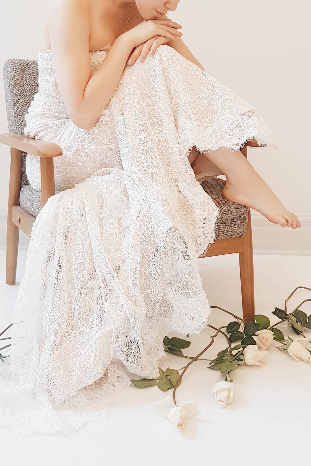 Teura | White & Beige Embroidered Bustier Gown w/ Train