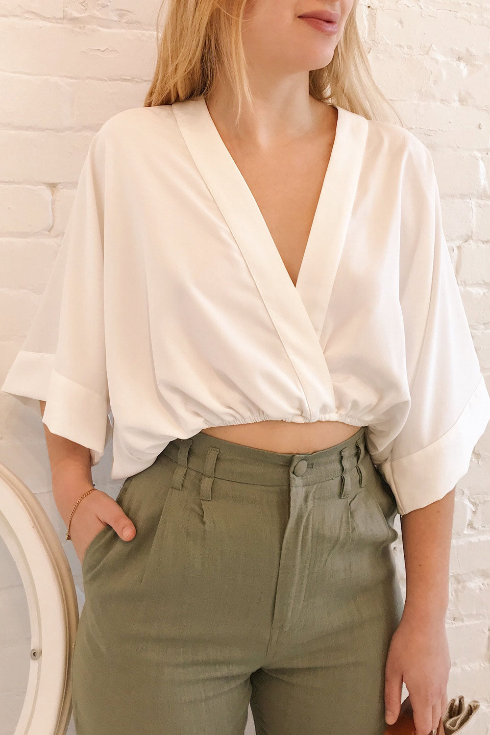 Thebes White Kimono Style Crop Top | La petite garçonne on model