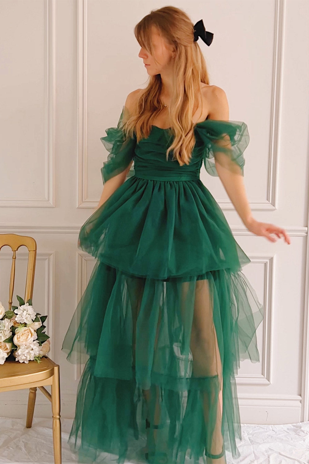 Thecia Green Tulle Tiered Maxi Dress | Boutique 1861 on model