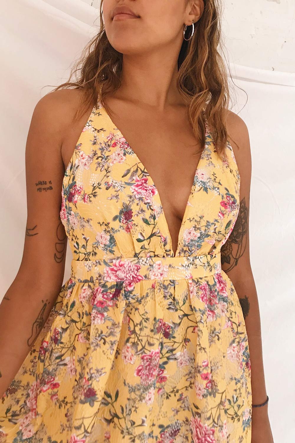 Thuriane Yellow Floral Lace Openwork Maxi Dress | Boutique 1861 model close up