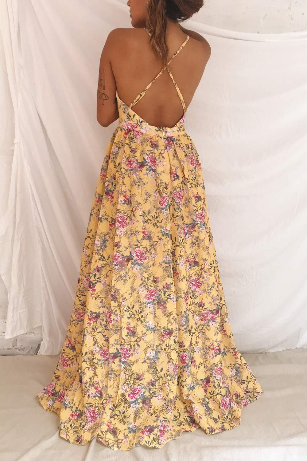 Thuriane Yellow Floral Lace Openwork Maxi Dress | Boutique 1861 on model