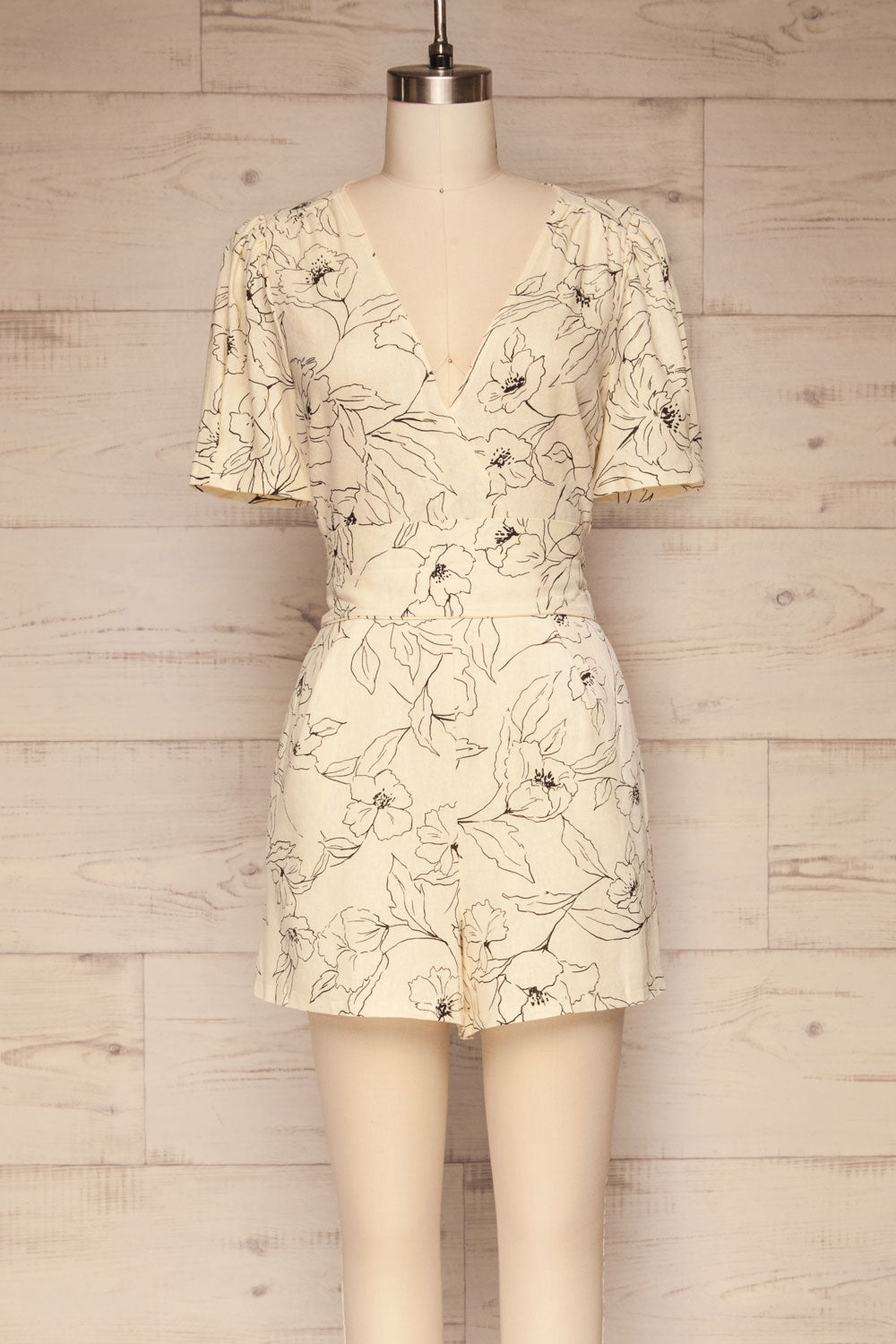 Timisoara Cream Floral Wrap Romper | La petite garçonne front view
