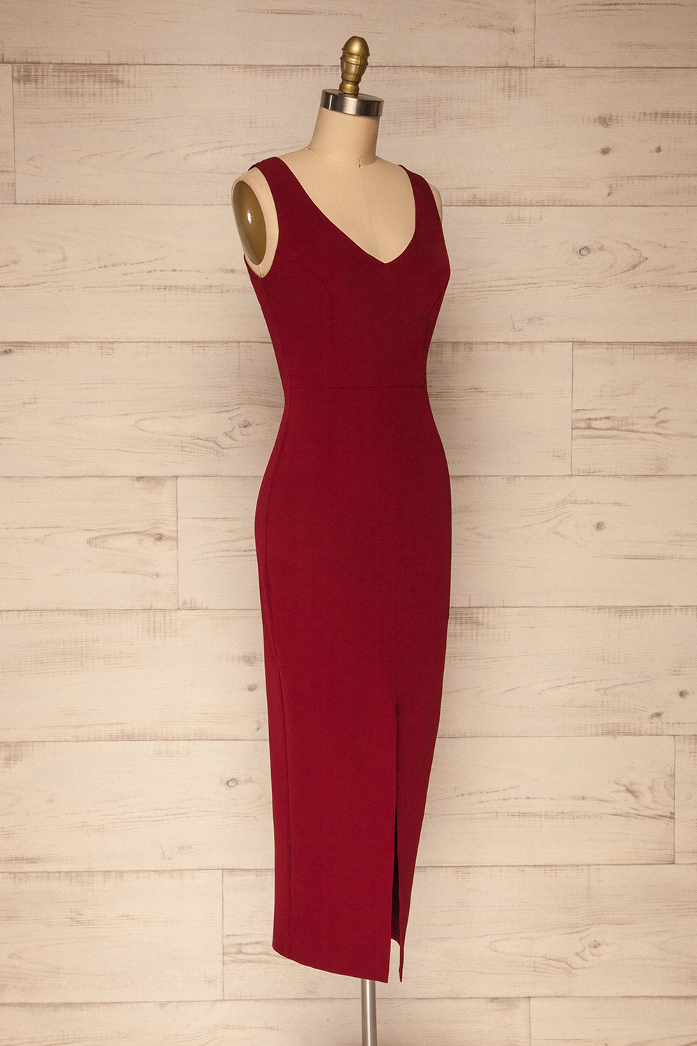 Tivoli Burgundy V-Neck Midi Dress | La petite garçonne side view