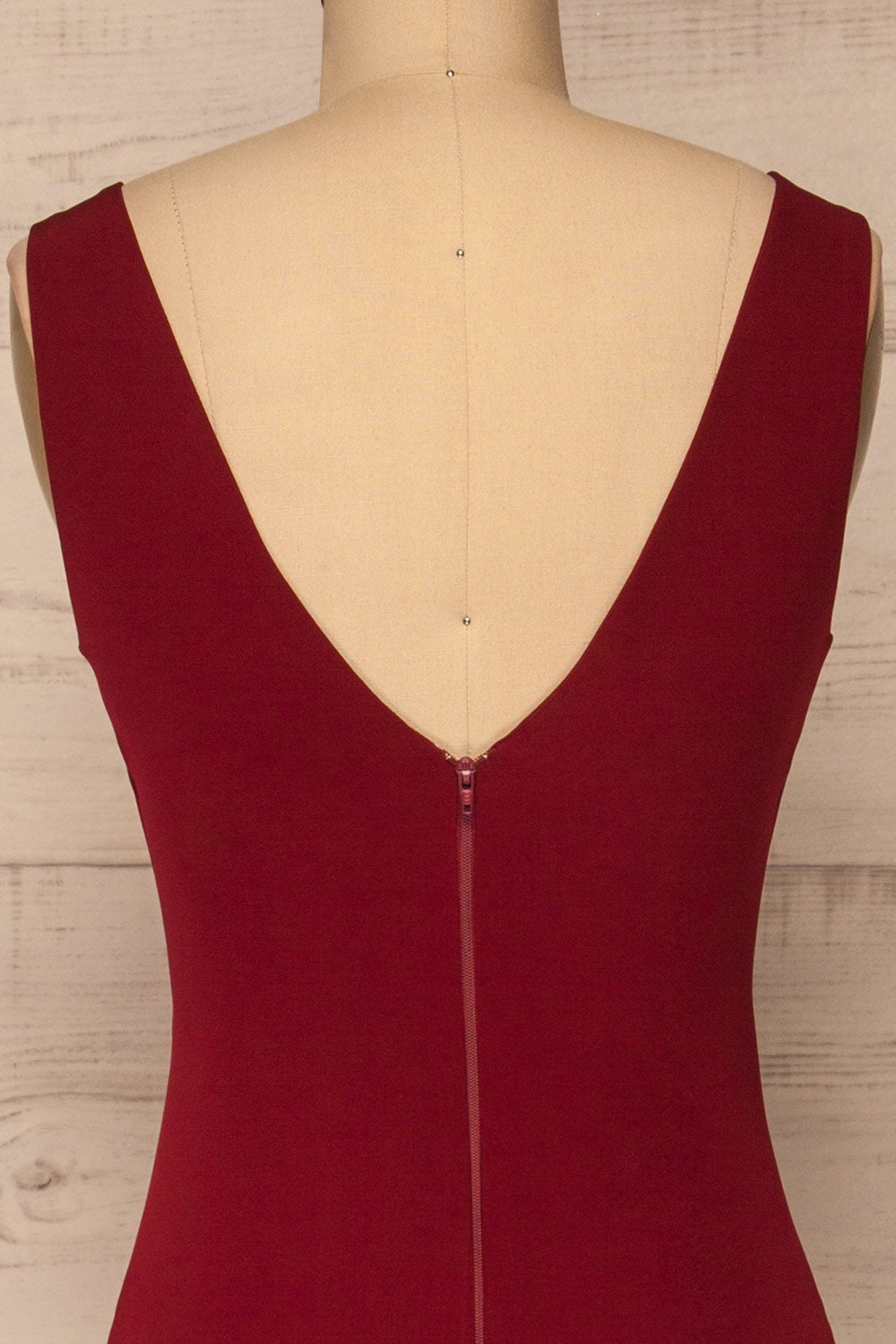 Tivoli Burgundy V-Neck Midi Dress | La petite garçonne back close-up
