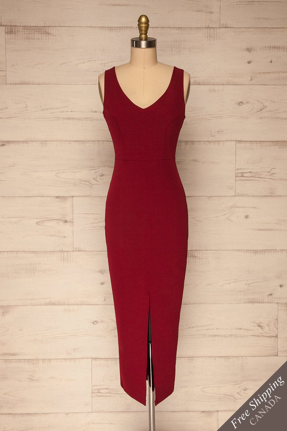 Tivoli Burgundy V-Neck Midi Dress | La petite garçonne front view