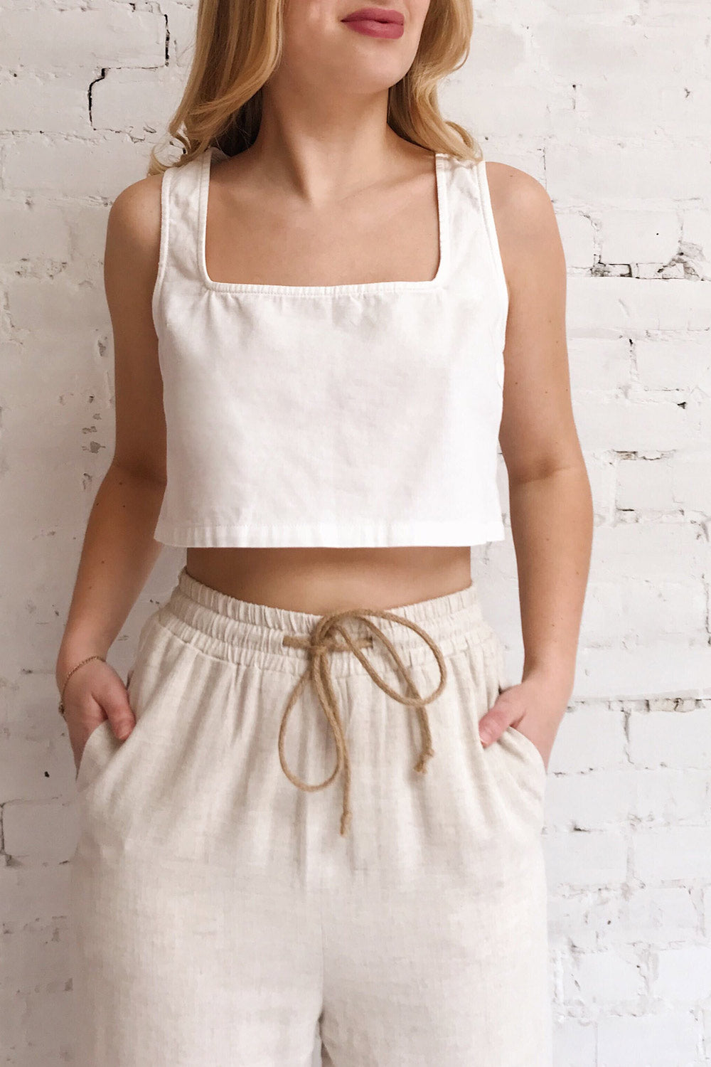 Arad White Large Straps Cami Crop Top | La petite garçonne on model