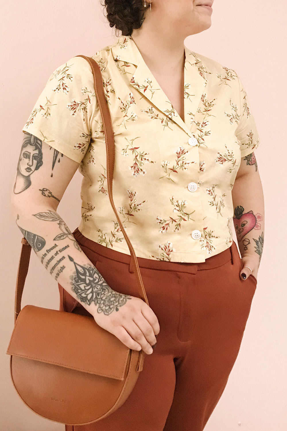Arnleif Beige Floral Buttoned Crop Top | Boutique 1861 on model 2