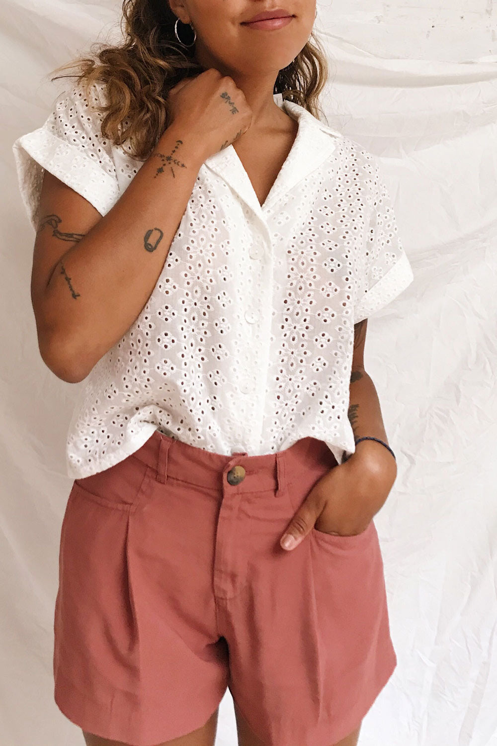 Cancan White Openwork Cropped Blouse | La petite garçonne on model