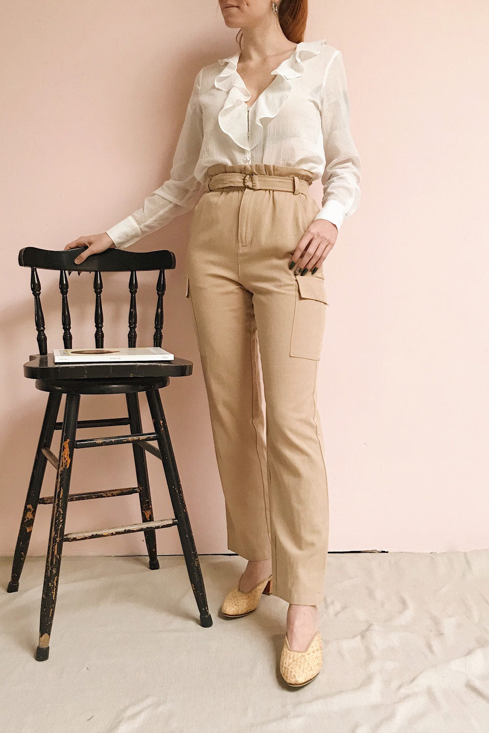 Canelos Beige Cargo Pants with Belt | La petite garçonne on model