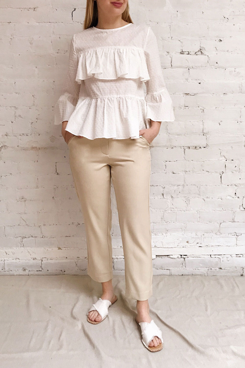 Cashapata White Embossed See-Through Ruffle Top | La petite garçonne model look