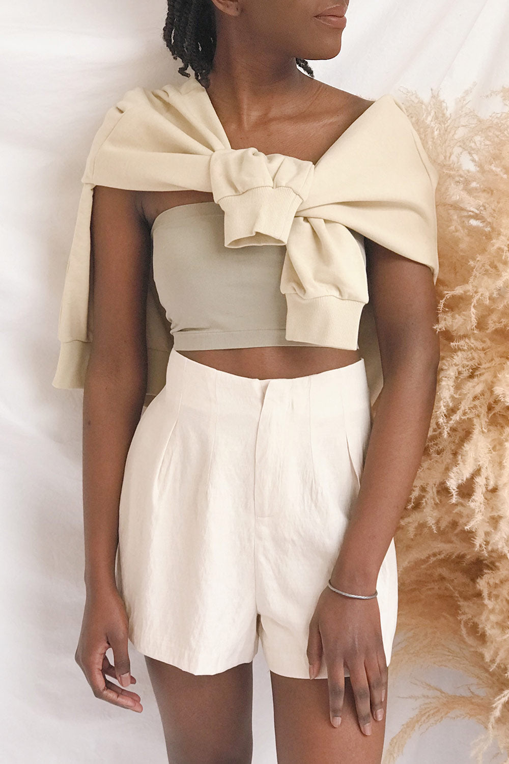 Dolna Taupe Stretchable Bandeau Top | La Petite Garçonne on model