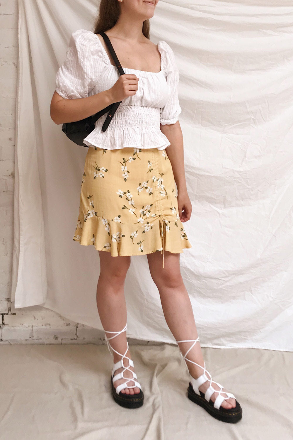 Faerylis White Puffy Sleeve Ruched Crop Top | Boutique 1861 model look