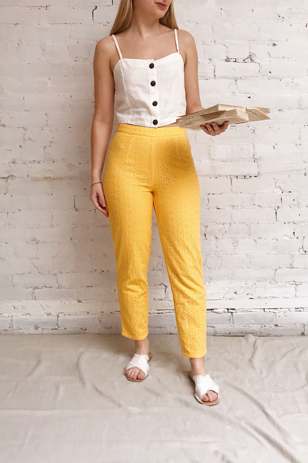 Klobuck Yellow Openwork Straight Leg Pants | La petite garçonne model look 1