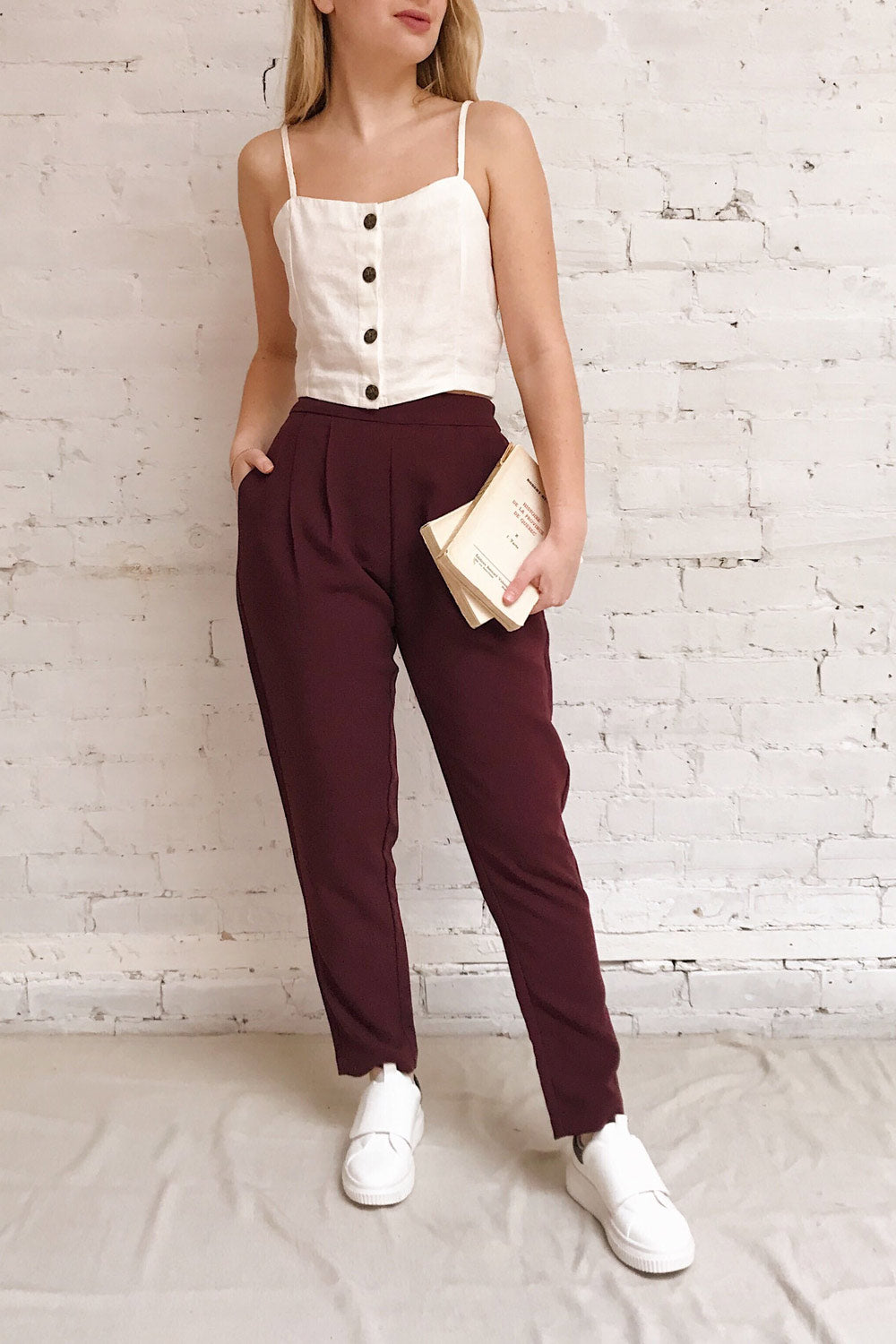 Wynne Garnet Burgundy High Waist Pants | La petite garçonne model look