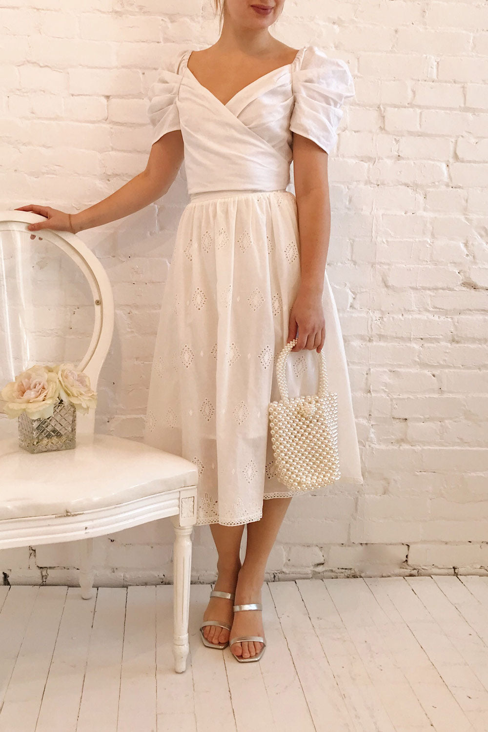 Sioban White High-Waisted Openwork Midi Skirt | Boutique 1861 model look