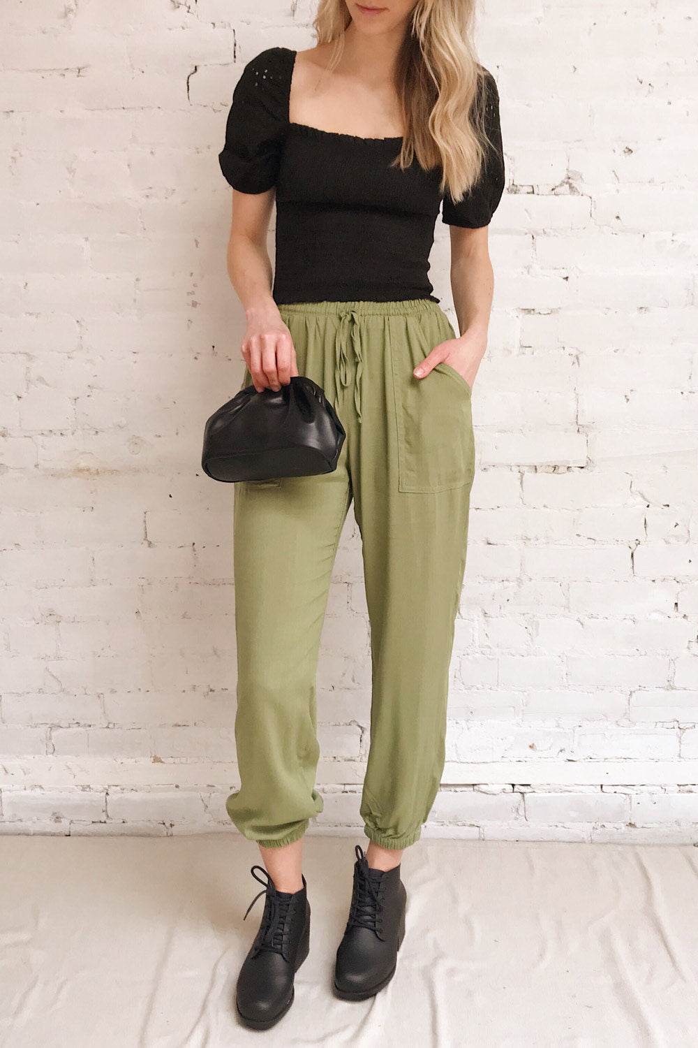 Kmesmi Olive Green High Waist Pants | La petite garçonne on model