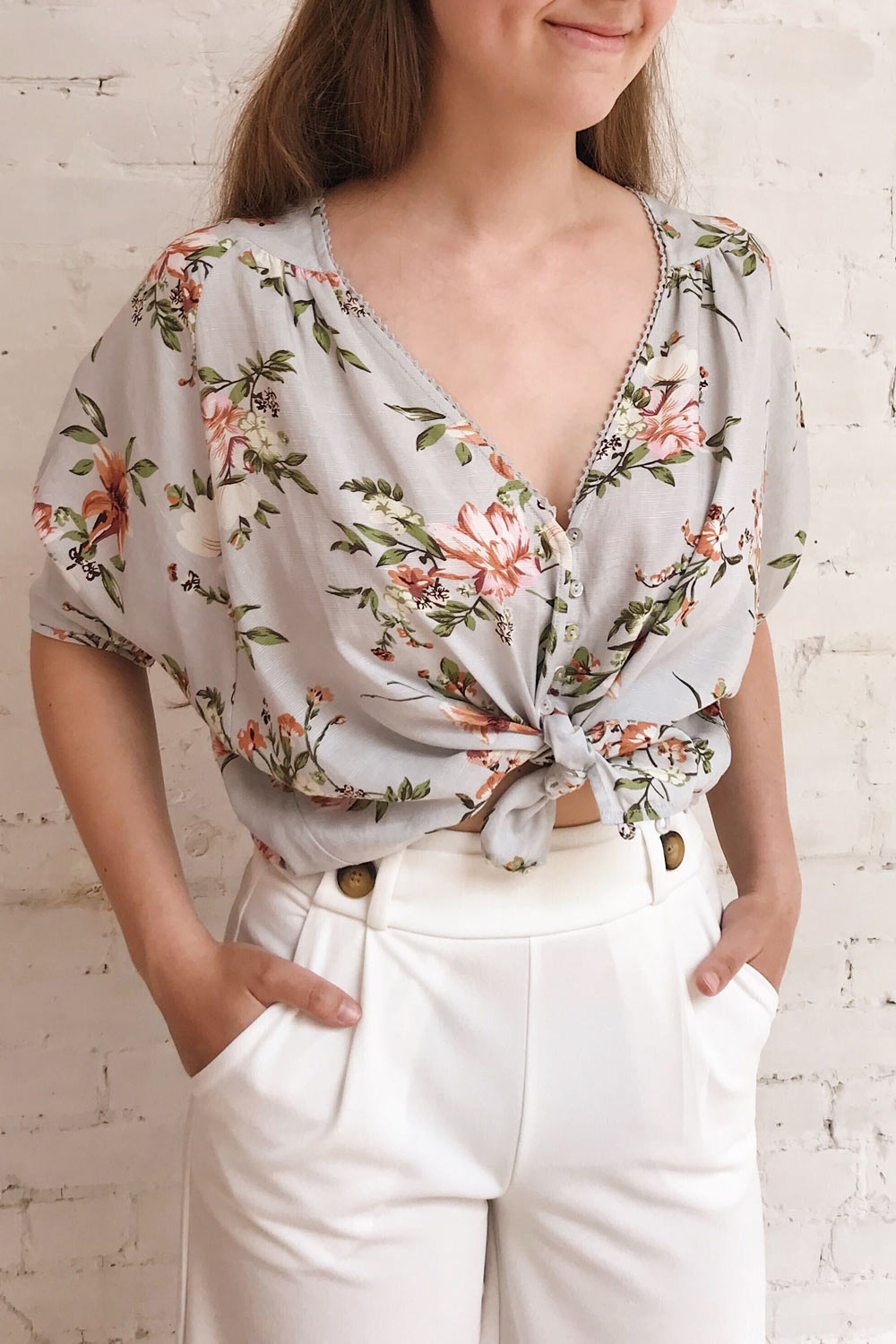 Katinka Light Blue Floral Loose Blouse | Boutique 1861 on model