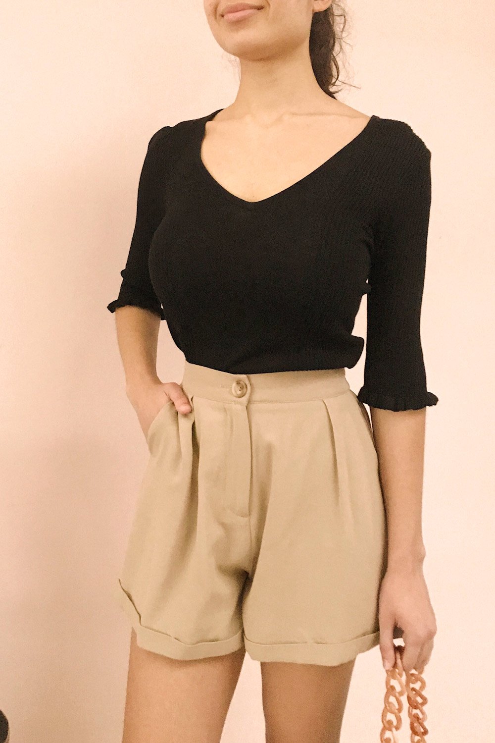 Kolno Black Ribbed Top w/ Half-Sleeves | La petite garçonne on model