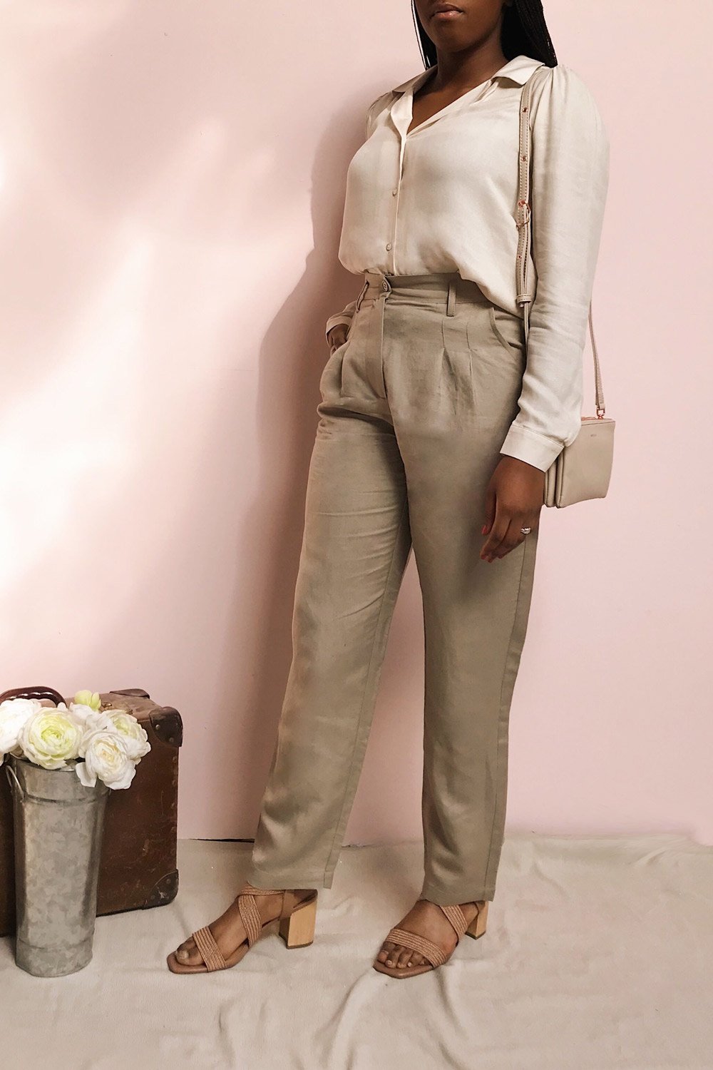 Tver Beige High-Waisted Straight Leg Pants | La petite garçonne on model