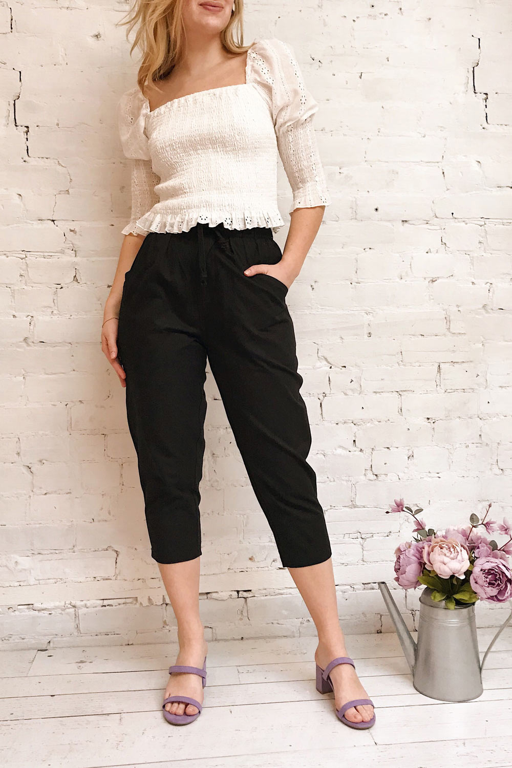 Leskovac White 3/4 Sleeve Openwork Crop Top | Boutique 1861 model look