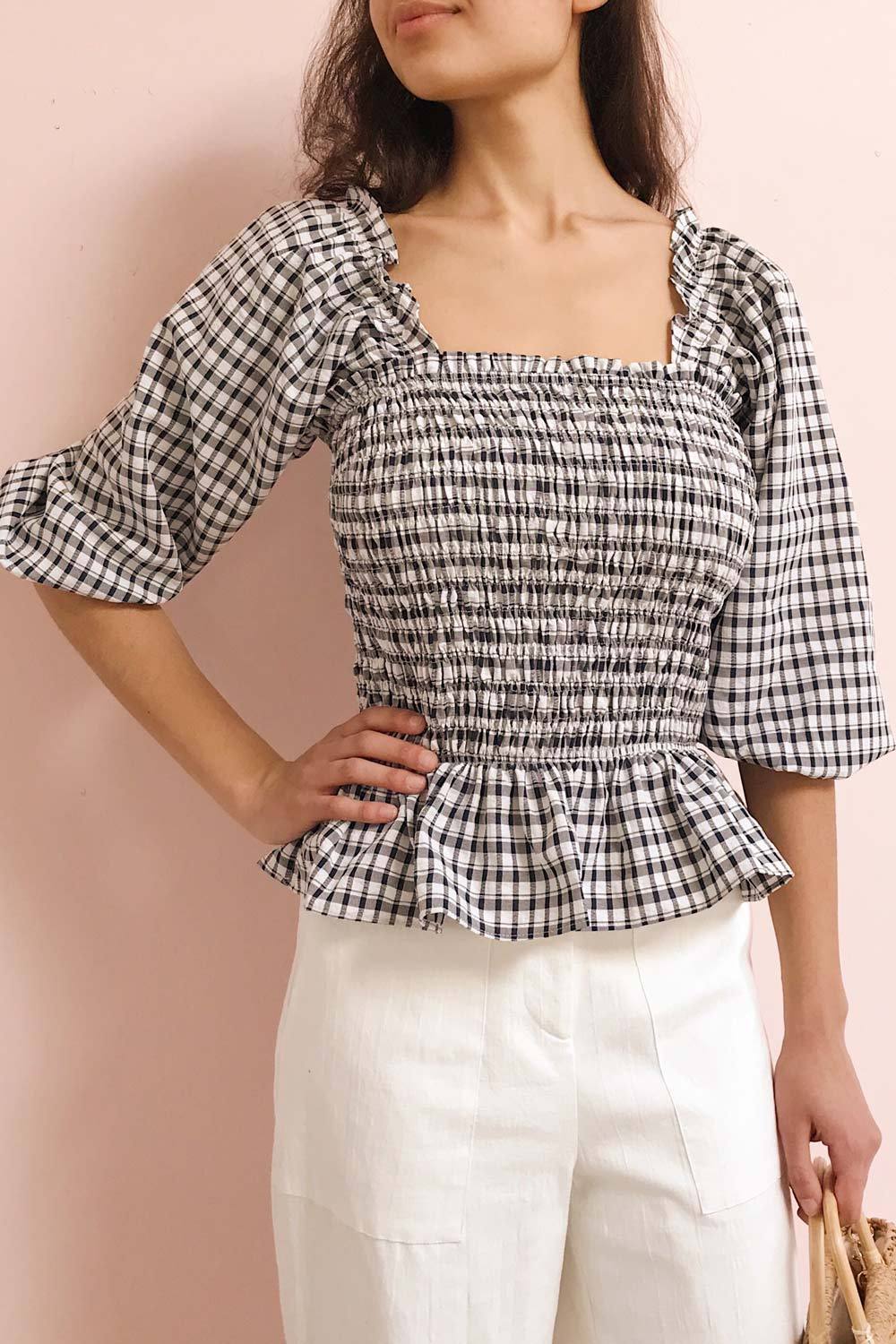 Lubelskie Black & White Plaid Ruched Top | La petite garçonne on model 2