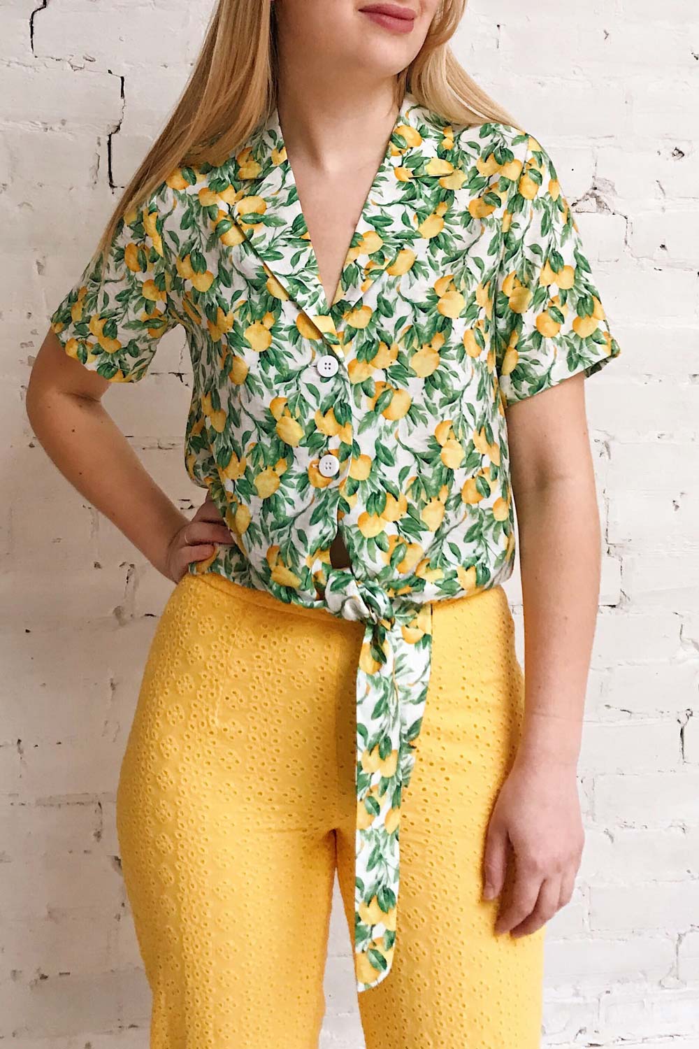 Nastasya White & Lemon Print Front Tie Blouse | Boutique 1861 model close up