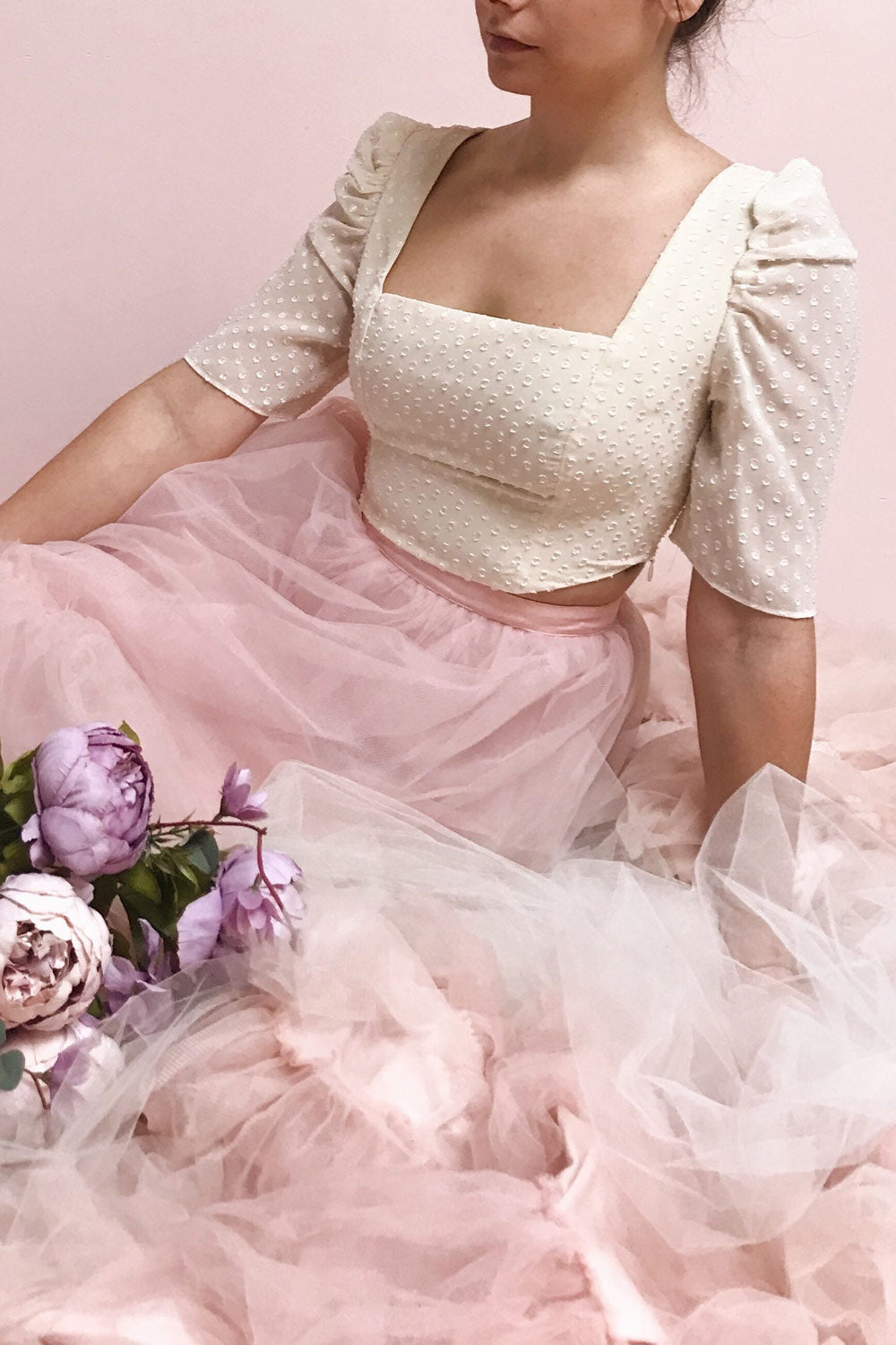 Nicolina Cream Spot Chiffon Crop Top | Boudoir 1861 on model