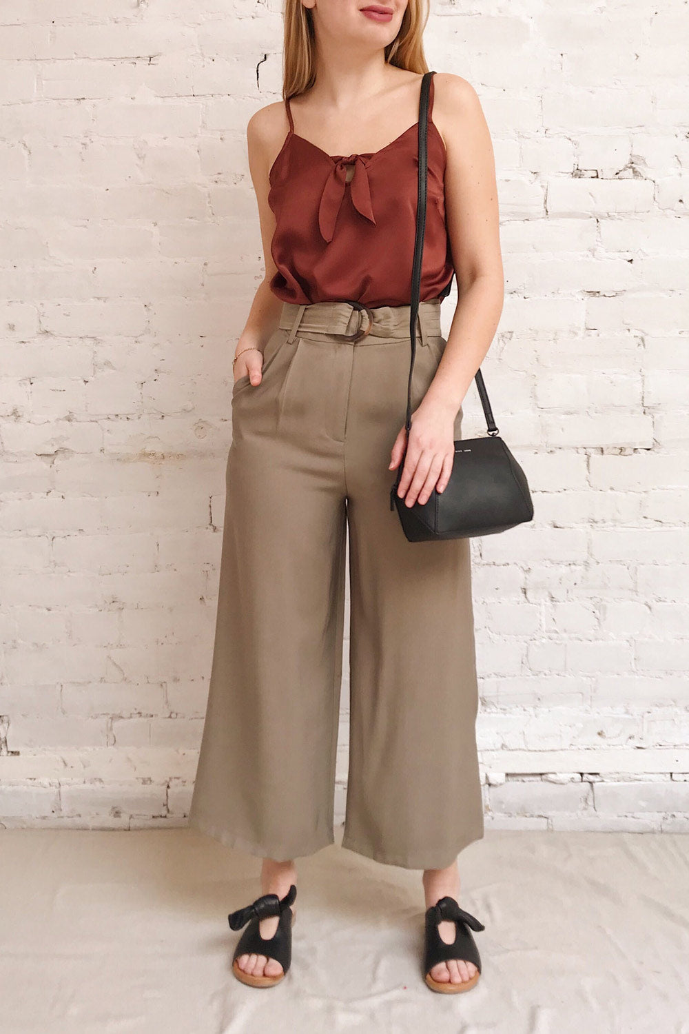 Calderon Khaki High Waist Wide Leg Pants | La petite garçonne on model