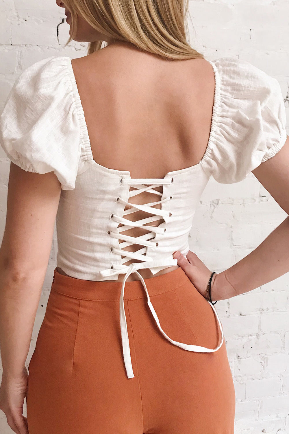 Piensk White Laced Back Crop Top | La petite garçonne model back