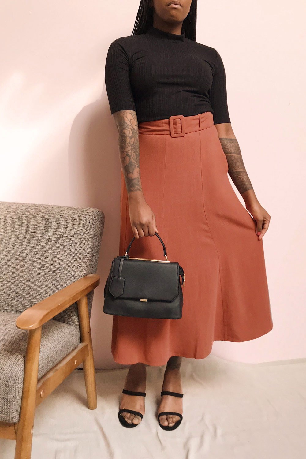 Pelczyce Sand Flared Midi Skirt w/ Belt | La petite garçonne on model