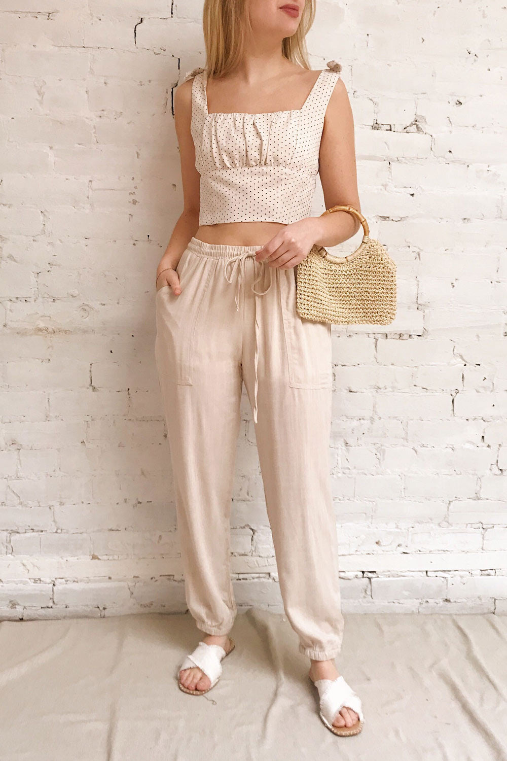Kmesmi Light Taupe Beige High Waist Pants | La petite garçonne on model