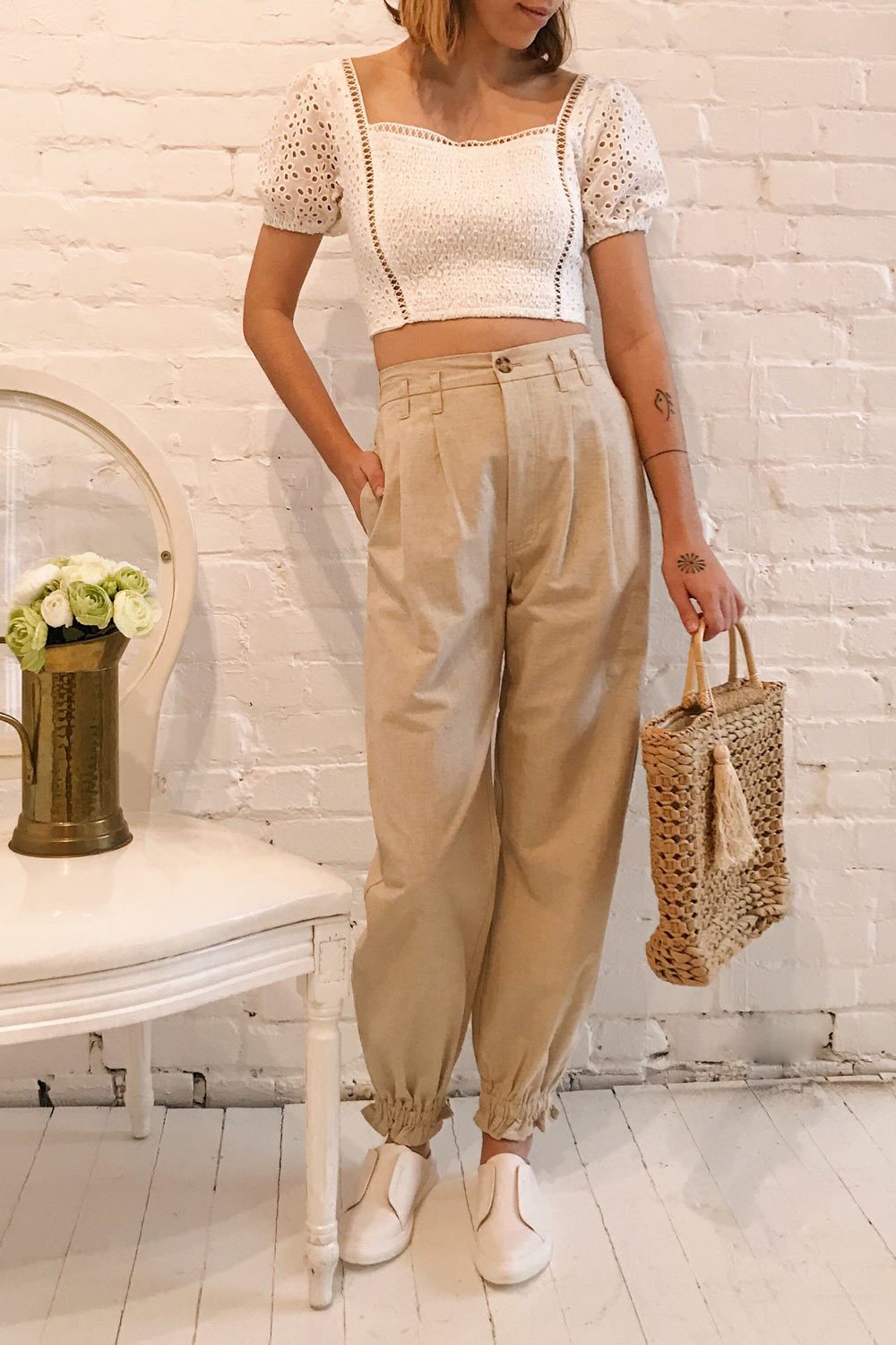 Sandvika White Openwork Ruched Crop Top | La petite garçonne model look