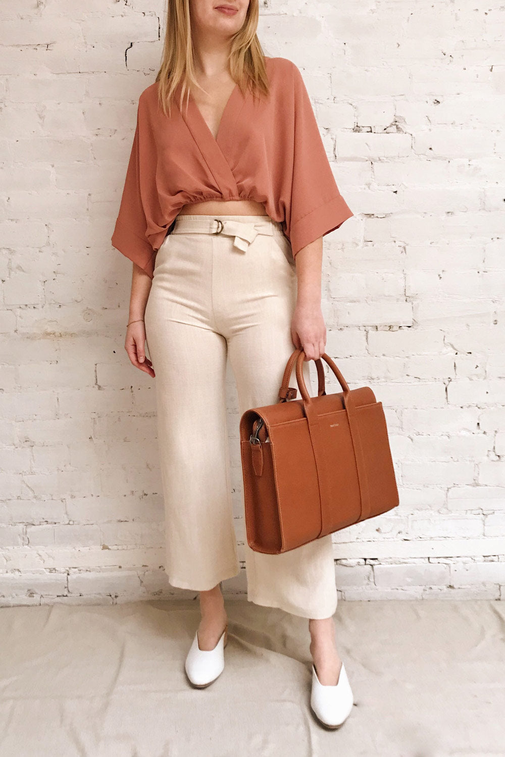 Thebes Apricot Kimono Style Crop Top | La petite garçonne model look 1