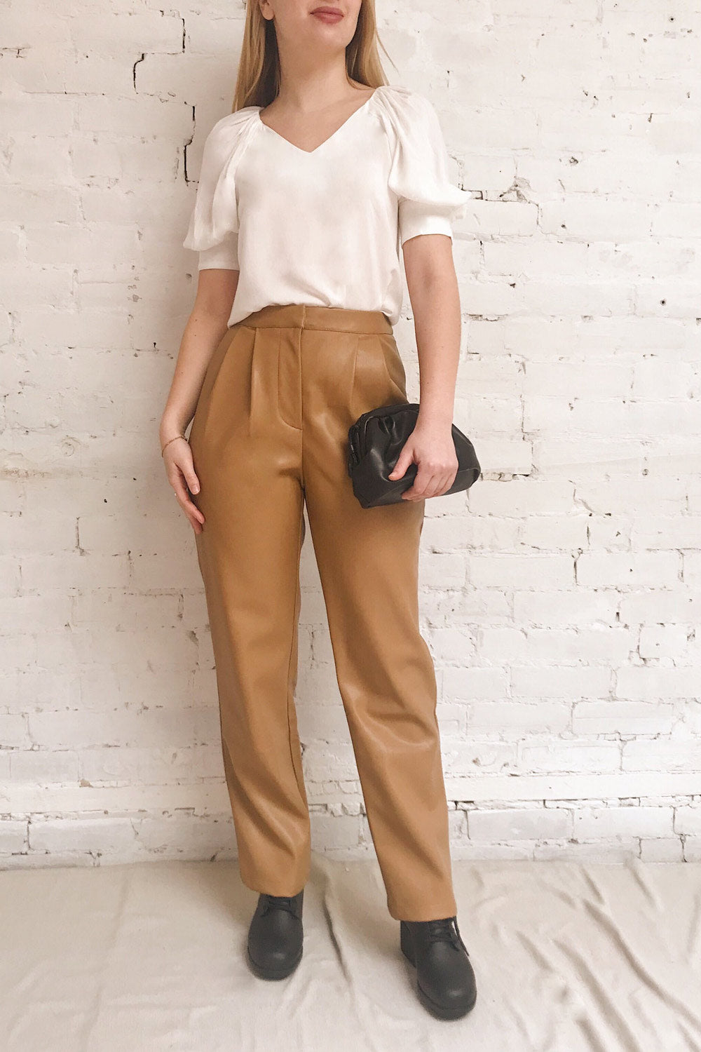 Naarden Ginger Brown Faux-Leather Pants | La petite garçonne on model