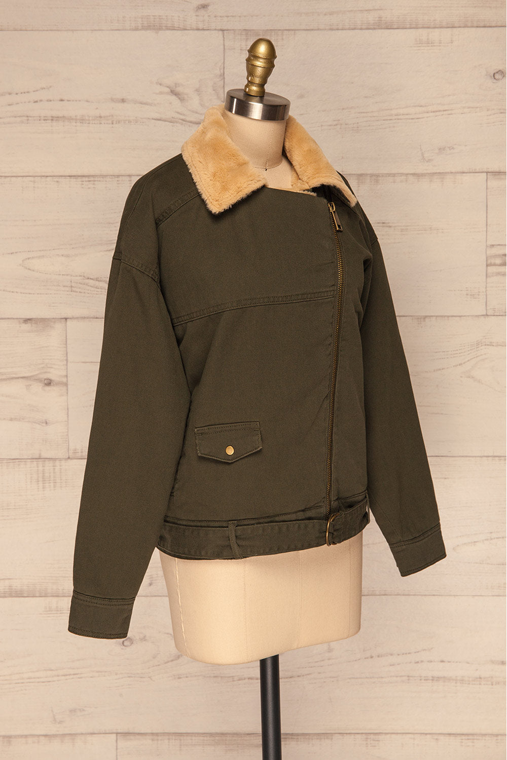 Torino Khaki Green Coat with Faux Fur Collar | La Petite Garçonne side view
