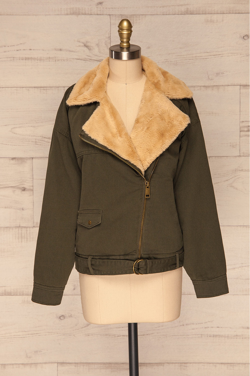 Torino Khaki Green Coat with Faux Fur Collar | La Petite Garçonne front view open