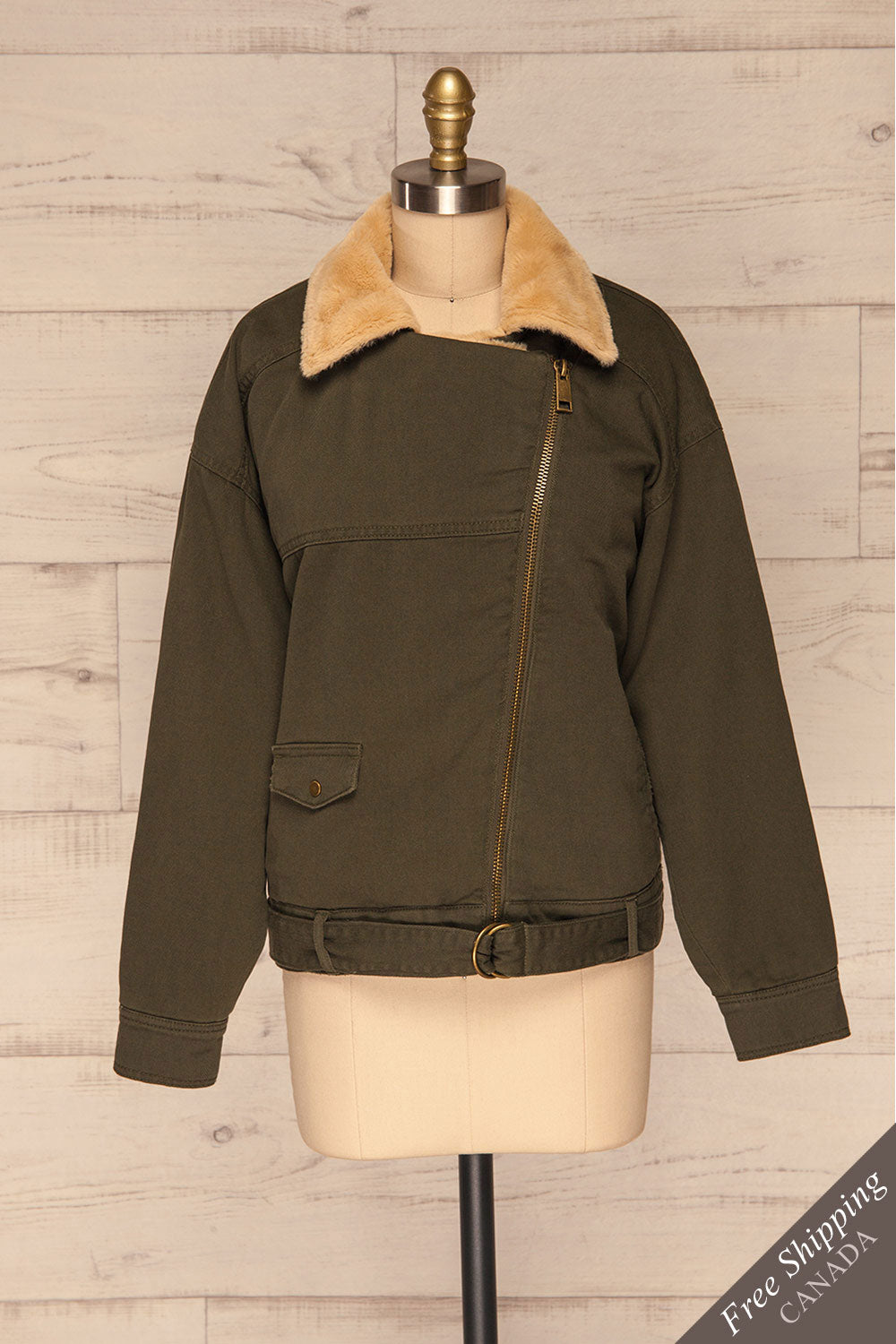 Torino Khaki Green Coat with Faux Fur Collar | La Petite Garçonne front view